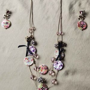 Betsey Johnson Floral Multi Strand Necklace & Matching Earrings Set